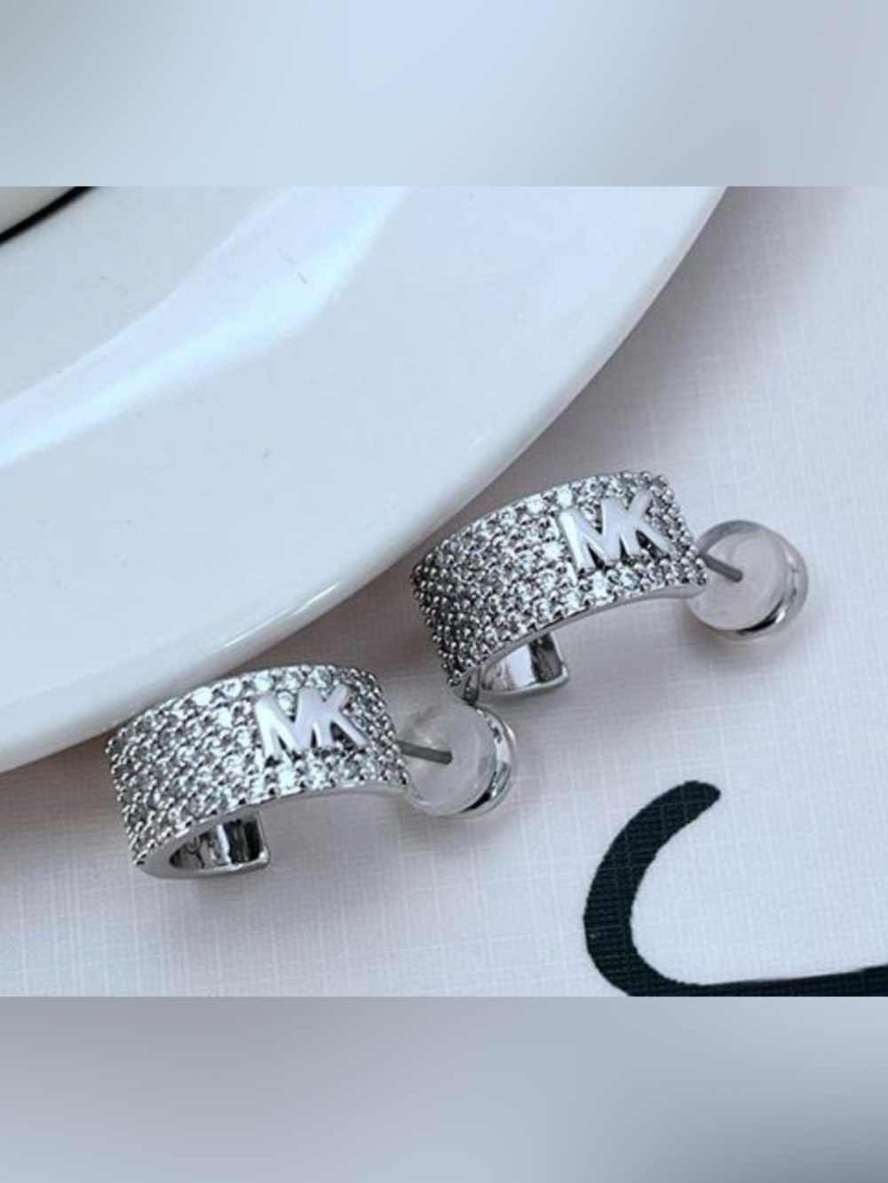 Michael Kors Silver Pave MK Half-Hoop Earrings